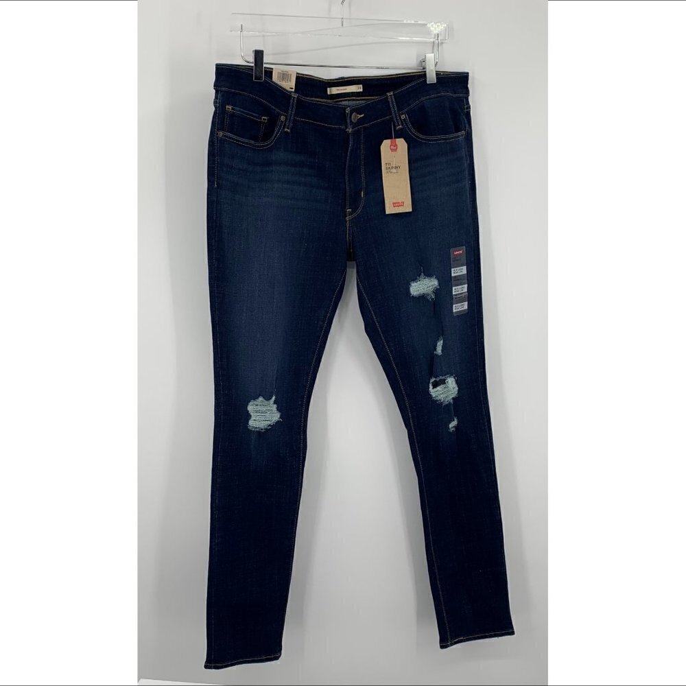 Levis 711 skinny mid rise distressed jeans denim dark wash women new 34 LONG